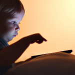 Pale child in dimmly lit room focused on tablet screen