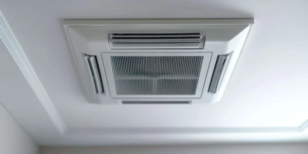 Close-up of a modern central air conditioning vent with sleek grille panels installed in a white ceiling.